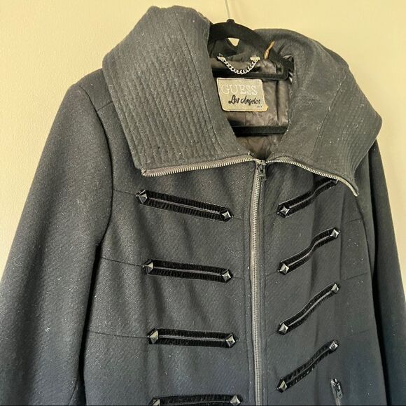 Guess Los Angeles Black Wool Blend Sparkle Hooded Mid-Length Coat - Picture 4 of 13